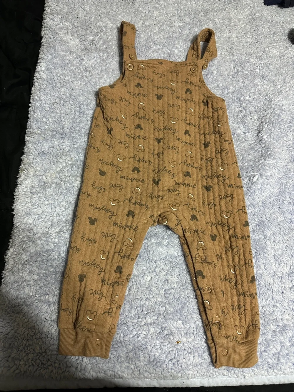 Disney Tan Brown Mickey & Minnie Script Overalls